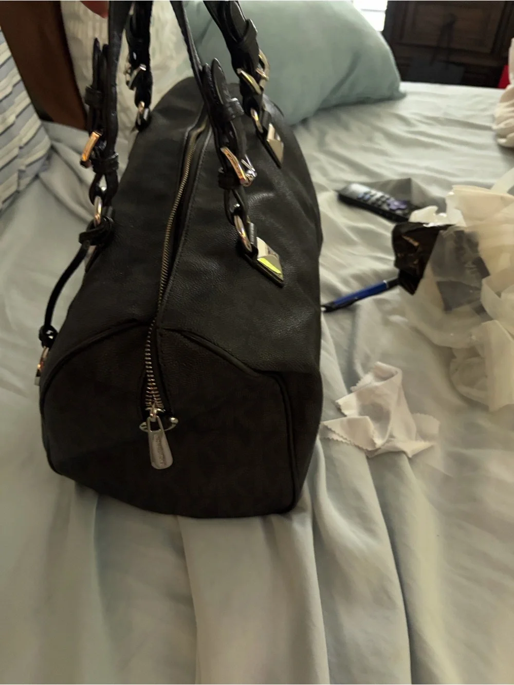 Michael Kors Black MK Signature Dome Satchel with Gold Hardware